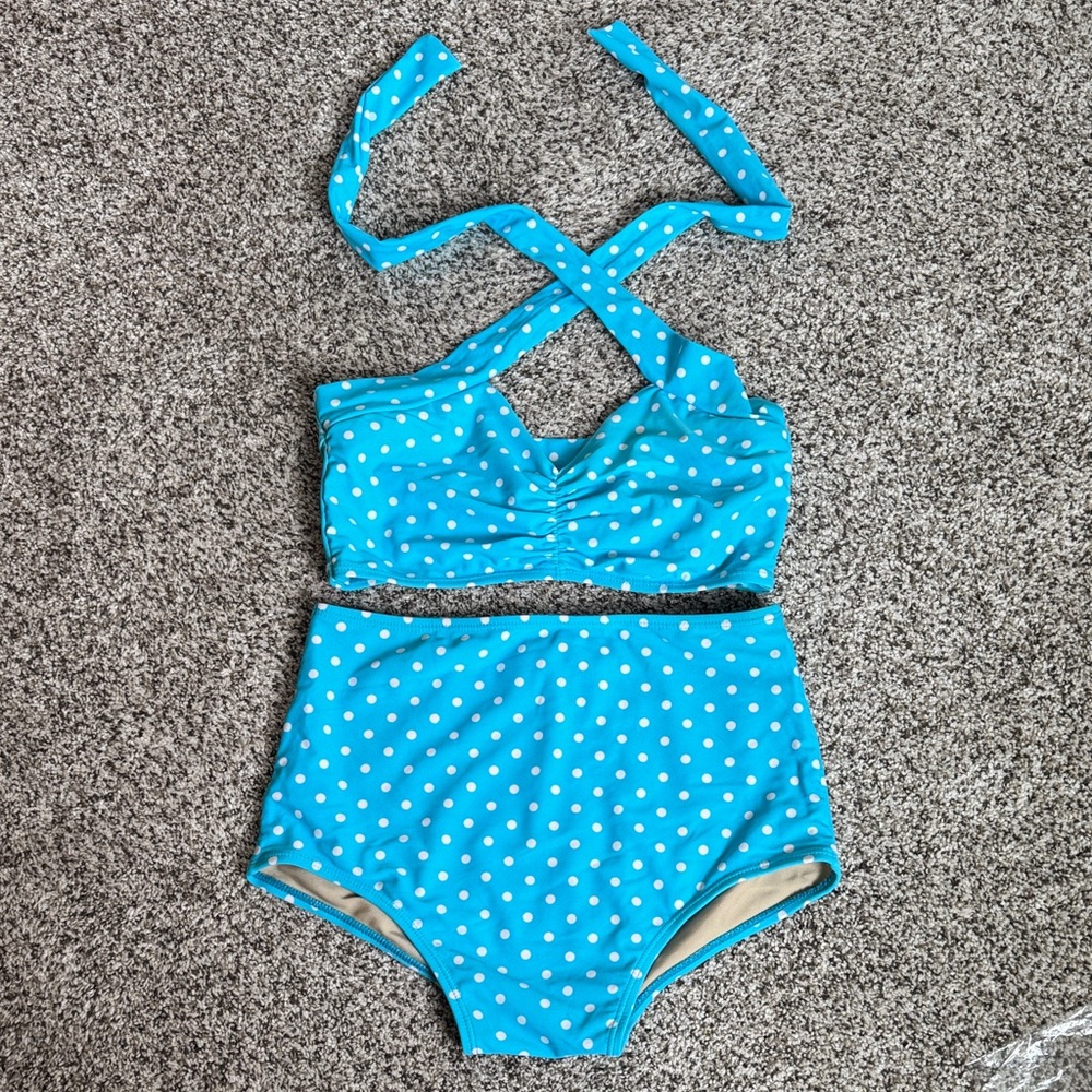Red Dolly swimwear Blue Polka Dot Bikini Set -used for dance competition